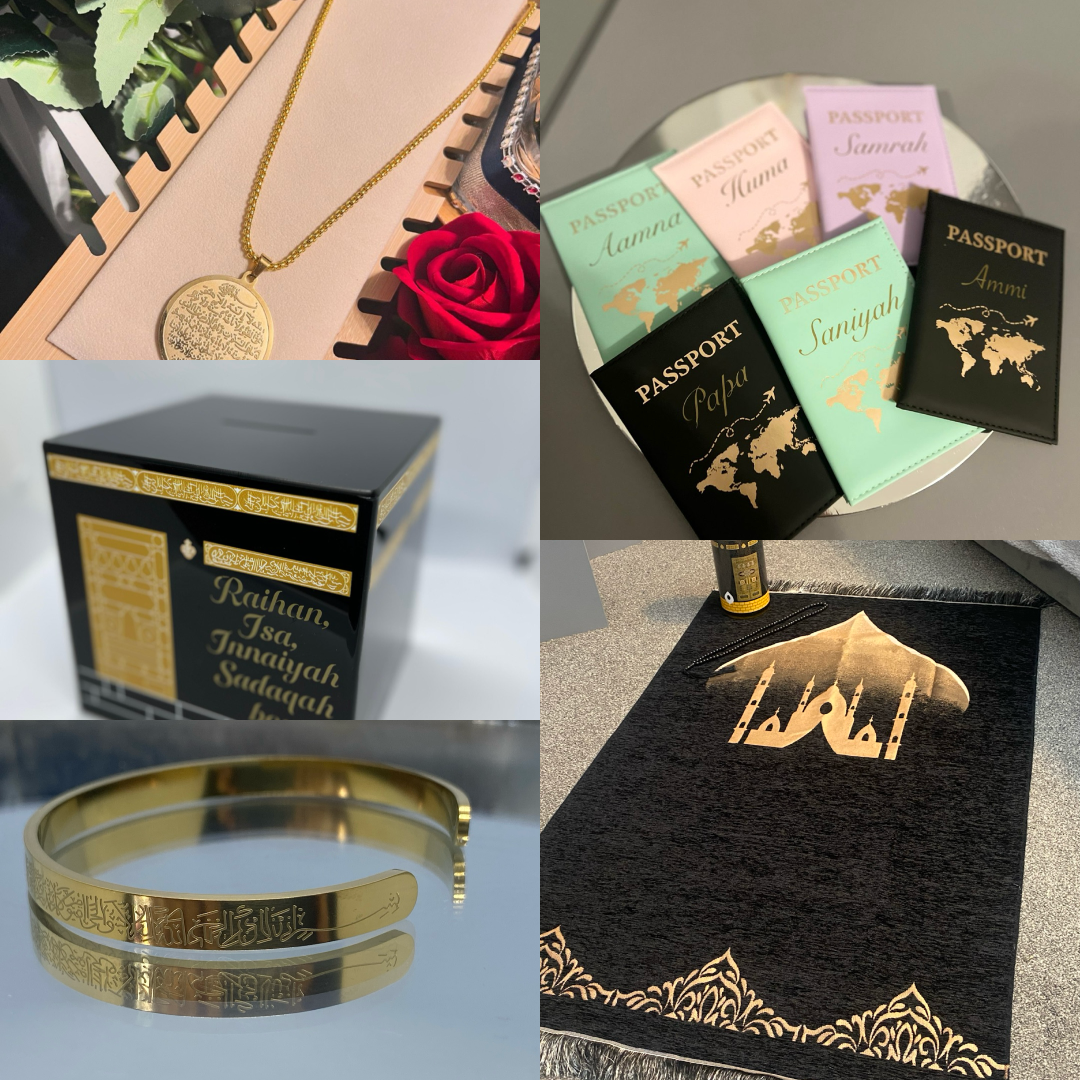 Collage of gold jewelry and decorative items including necklaces, bangles, and boxes.