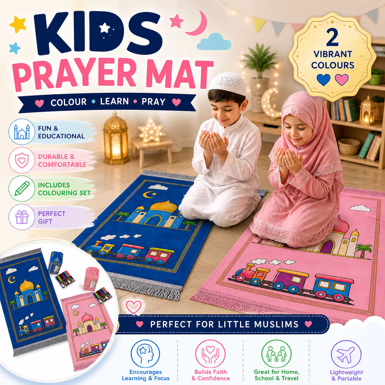 Kids Colouring Prayer Mat Set with Pens | Islamic Kids Gift