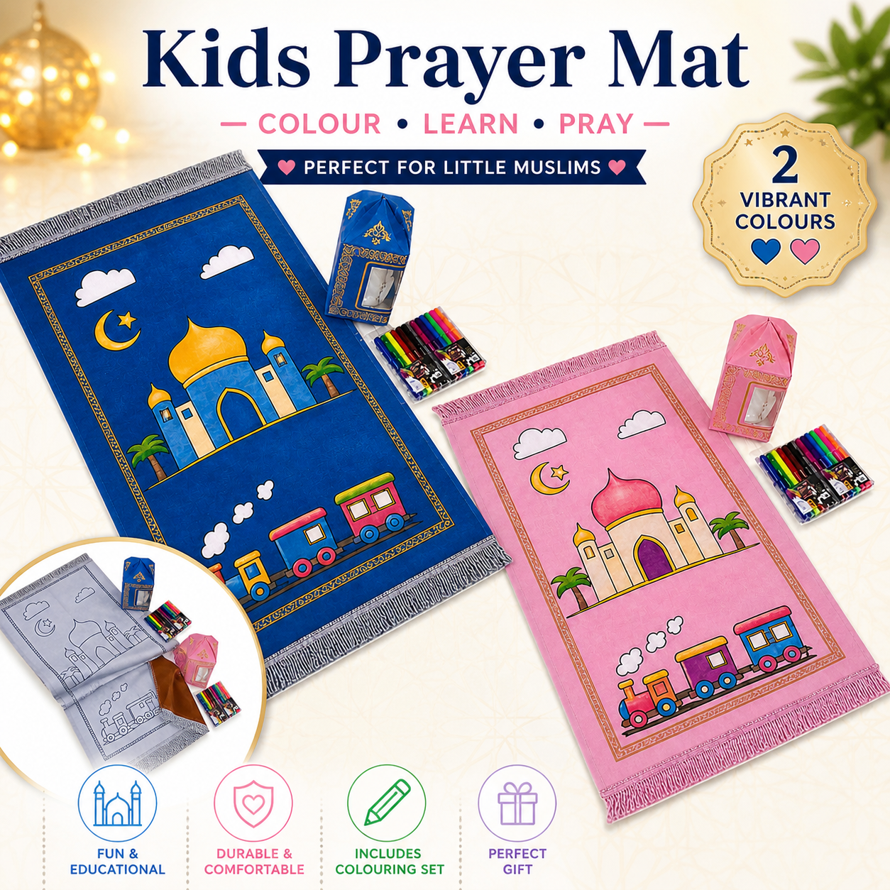 Kids Colouring Prayer Mat Set with Pens | Islamic Kids Gift